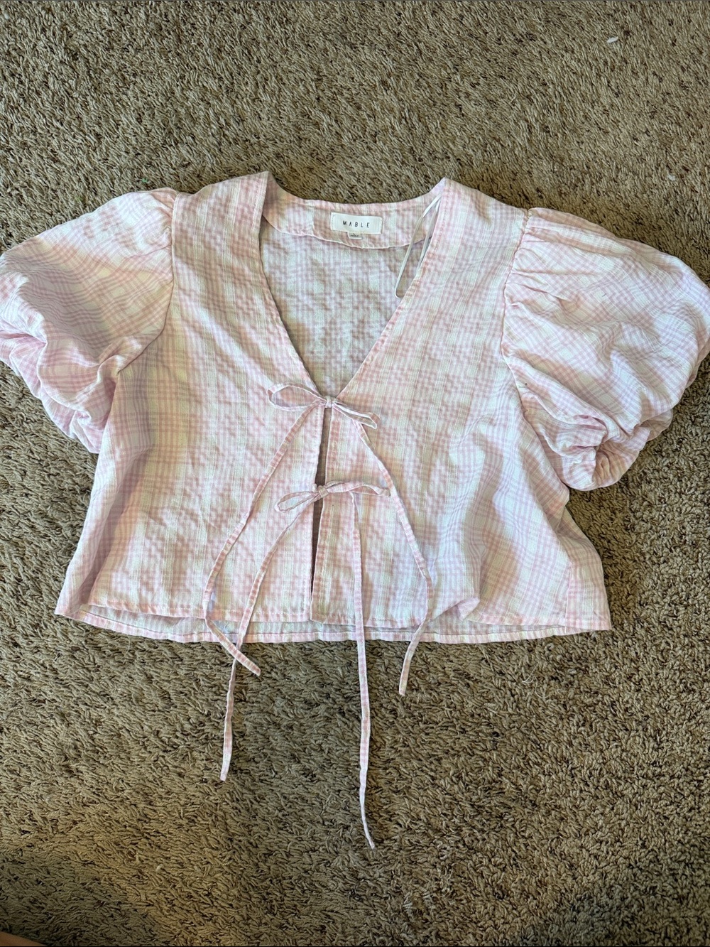 Pink Plaid Tie-Front Puff Sleeve Blouse